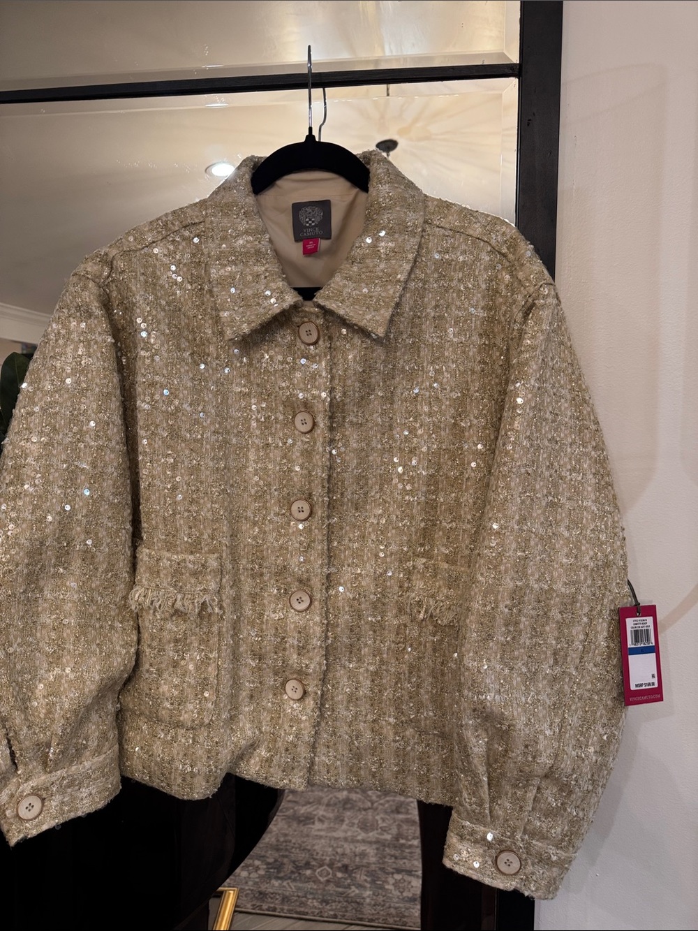 Vince Camuto Champagne Sequin Tweed Button Jacket